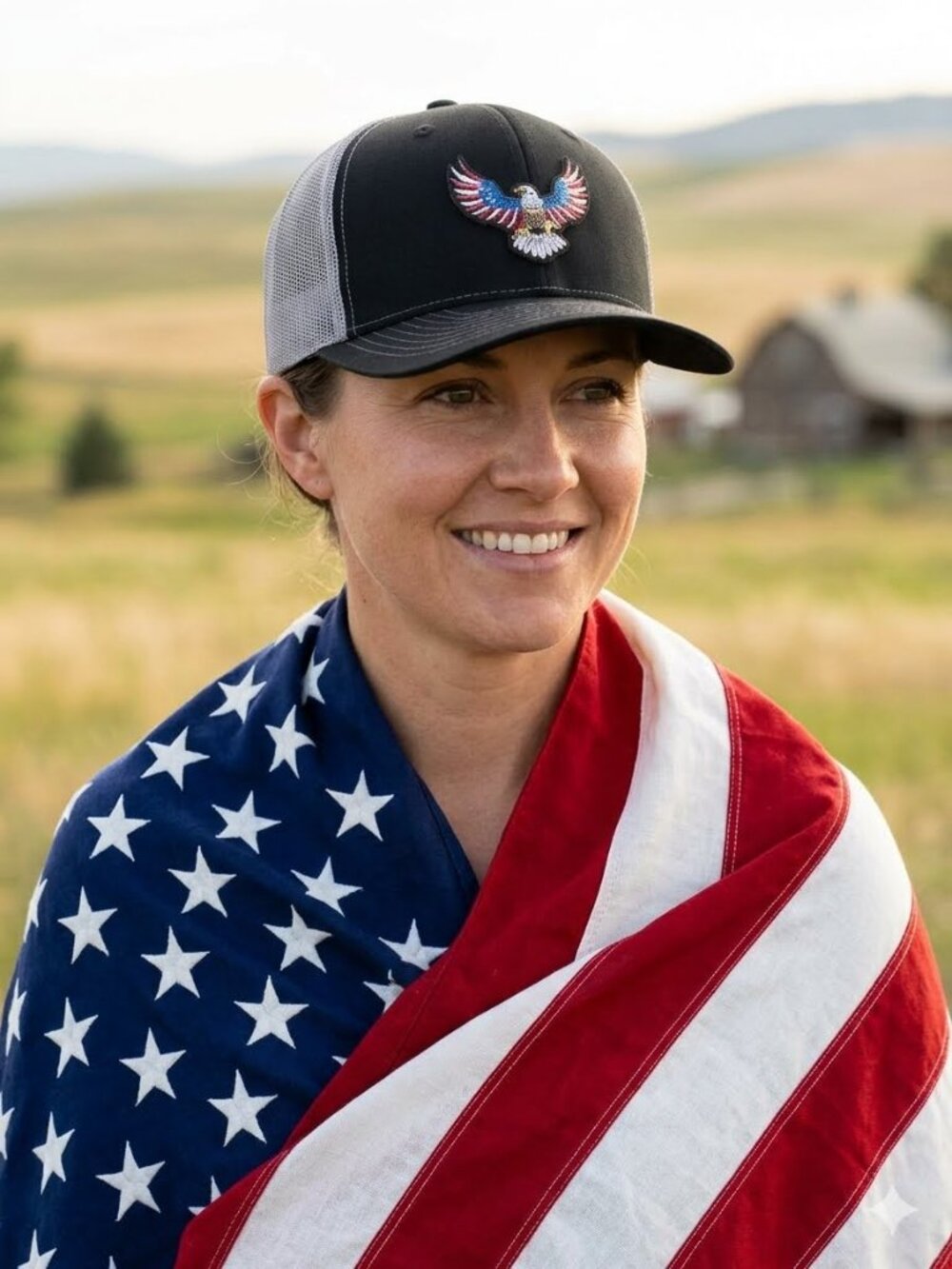 Flagged American Eagle Patched Black/White Mesh Low Profile Snapback Trucker Hat